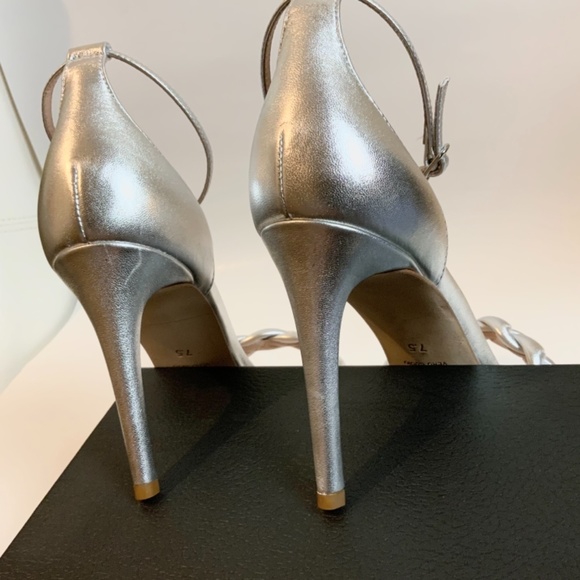 Rachel Zoe Ashton Silver Leather Stiletto Heel Pumps Ankle Strap open toe Sandal - Picture 11 of 16